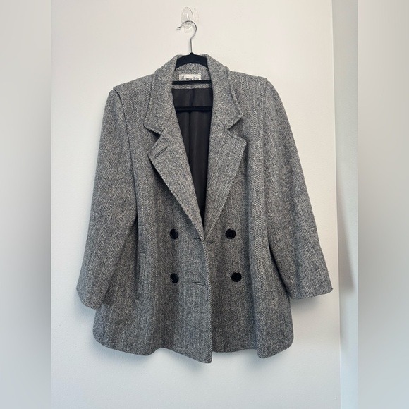 VINTAGE 80s Herman Kay Wool Tweed Double Breasted Pea Coat Petite Dominican repb - Picture 1 of 10